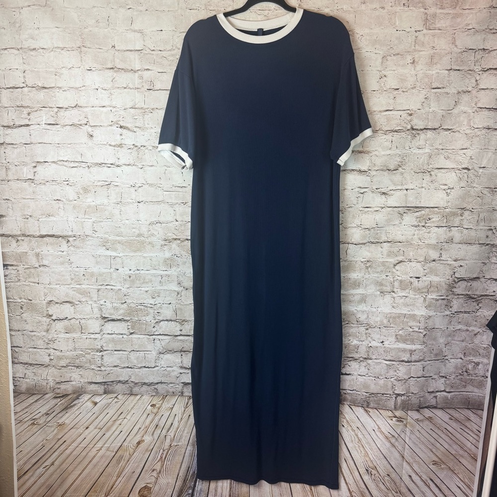 SKIMS Small Soft Lounge Ringer T-Shirt Maxi Dress Navy Blue White Short Sleeve S - Picture 2 of 10